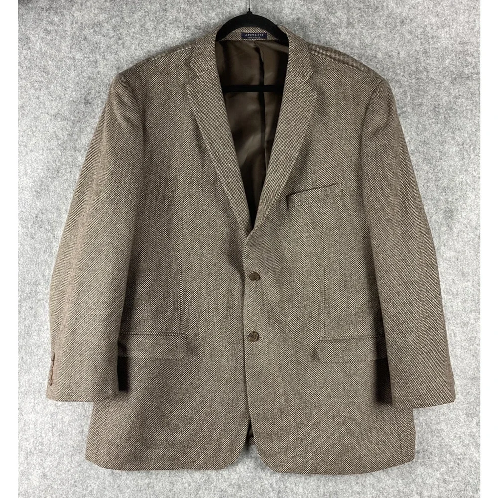 Adolfo 100% Lambswool Blazer Sport Coat Mens 48R Brown Tweed 2 Button‎